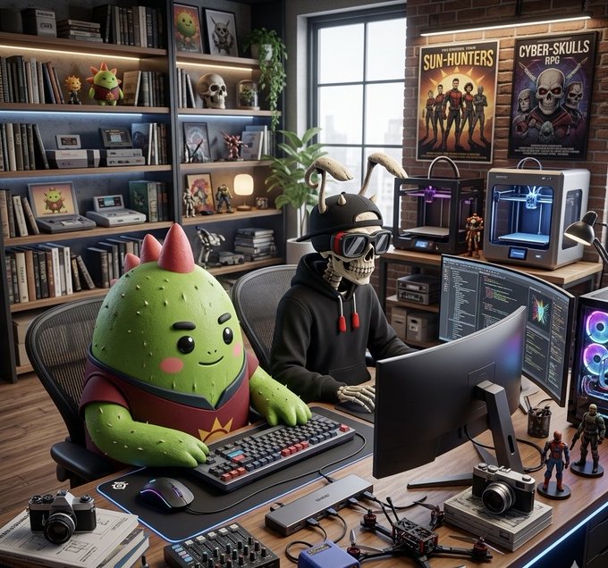 A colorful illustration of a cactus character and a skeleton working together at a computer desk filled with gaming and tech gear.