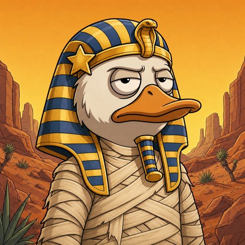 A cartoon illustration depicts a grumpy-looking duck dressed as an ancient Egyptian pharaoh, wearing a striped blue and gold nemes headdress with a cobra emblem and wrapped in mummy bandages, set against a desert canyon backdrop. The image aligns with the post showcasing an NFT artwork from the "Run with Gugo" collection, with the pharaoh duck posing a playful, mysterious "what are they up to?" question to viewers.