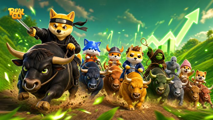A group of determined Shiba Inu characters dressed as ninjas and samurai ride a stampede of bulls across a green field beneath an upward-trending arrow, with the "Real GO" logo visible in the top left — a playful nod to the post's question about the return of bulls and the resurgence of meme coins.