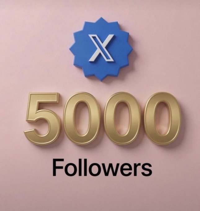 A graphic celebrating '5000 Followers' on X (formerly Twitter), showing the blue X logo badge above golden 3D numbers on a pink background.