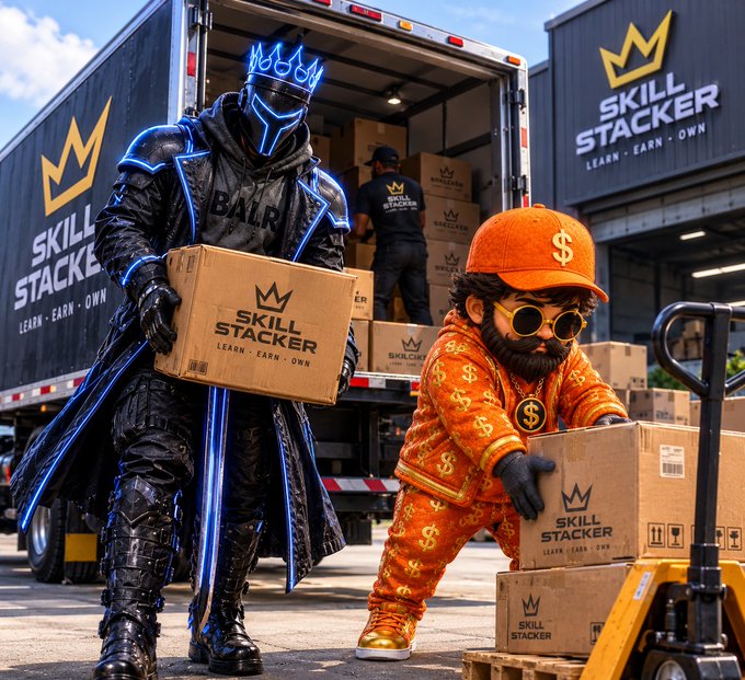 A promotional image for 'SKILL STACKER' (tagline 'LEARN - EARN - OWN') showing a futuristic armored knight character with glowing blue accents holding a branded box alongside a character in orange dollar-sign patterned clothing.