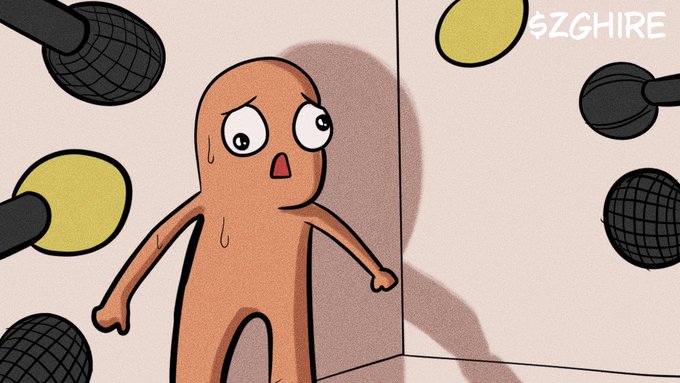 A nervous, sweating cartoon figure cowers in the corner of a room as multiple microphones press in from all sides, symbolizing the overwhelming pressure and scrutiny in the volatile "Solana trenches" memecoin market, with the artist's signature "SZGhire" visible in the top right corner.