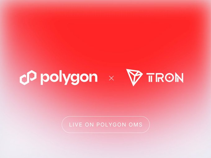 A red gradient graphic announcing a collaboration between Polygon and TRON, with the text "LIVE ON POLYGON OMS" inside a rounded button.