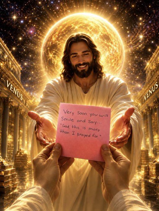 A divine figure resembling Jesus with long hair and a white robe stands before a golden celestial backdrop with a starburst, handing a pink note that reads 'Very soon you will Smile and say... "God, this is more than I prayed for"' to outstretched hands. Columns labeled 'VENUS' flank the scene.