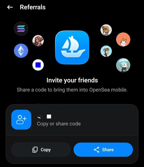 A mobile app referrals page for OpenSea featuring a blue sailboat icon, the message "Invite your friends", and options to copy or share a referral code.