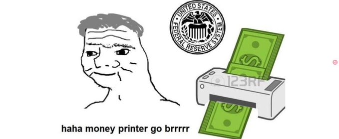 A "Wojak" meme character smirks next to a Federal Reserve seal and a printer rapidly spitting out cash, captioned "haha money printer go brrrrr." The image visually embodies the post's "earning machine is coming" message by humorously depicting the Fed's money-printing as a relentless, unstoppable engine of cash generation.