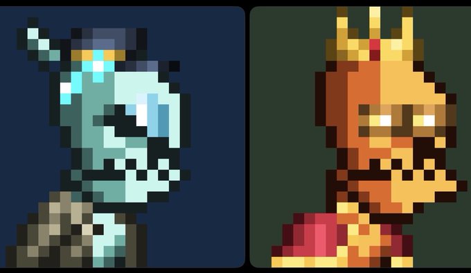 Two pixel art character portraits are shown side by side: a teal-colored figure with a propeller-like hat on the left, and an orange figure wearing a crown on the right.