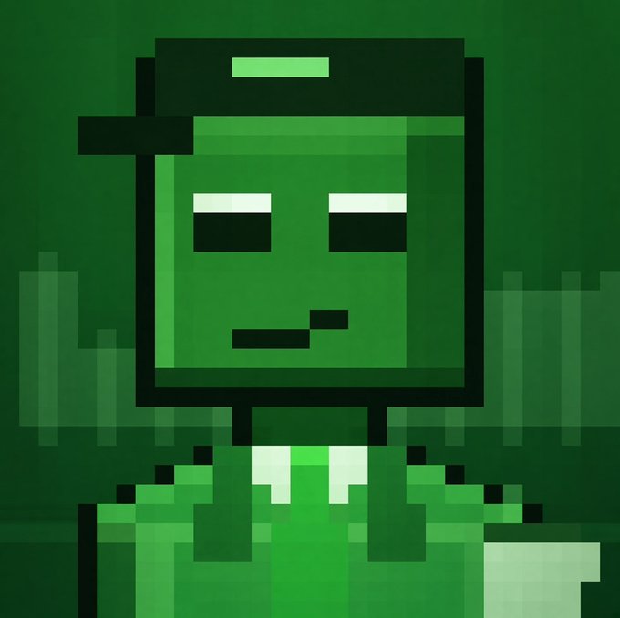 A pixel art character with a green, blocky face wearing a dark visor and cap is shown against a dark green background, serving as promotional artwork for the "Quantum Brokers" NFT mint event. The image visually represents the digital collectible being advertised in the post, which directs viewers to mint on OpenSea and earn Gold through activation.