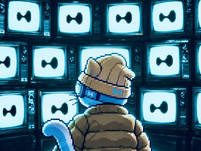 A pixel art image of a cat wearing a VR headset and puffy jacket, surrounded by a wall of old CRT televisions displaying bowtie-shaped icons.
