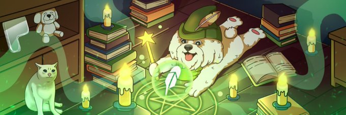 The image is a fantasy-style illustration of a corgi wearing a wizard hat, surrounded by lit candles, old books, a green pentagram on the floor, and a white cat watching from the side — fitting as a magical-themed banner for the $BRODIE Robinhood token on Moby.