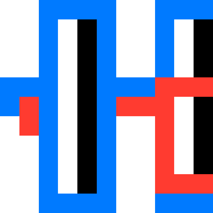 An abstract geometric design composed of overlapping rectangular shapes in blue, black, red, and white.