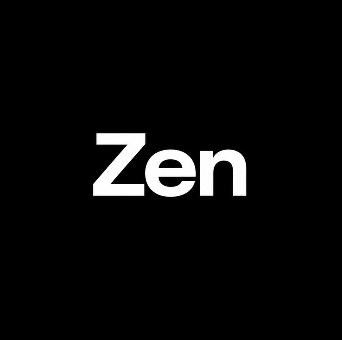 The image is a minimalist black square featuring the word "Zen" in bold white text, centered on the background. This ties directly to the post's promotion of a "ZEN" token airdrop, serving as the visual identity or logo branding for the upcoming token launch on ZEC, with the post directing interested users to a Discord link to join the limited first-50 participants.