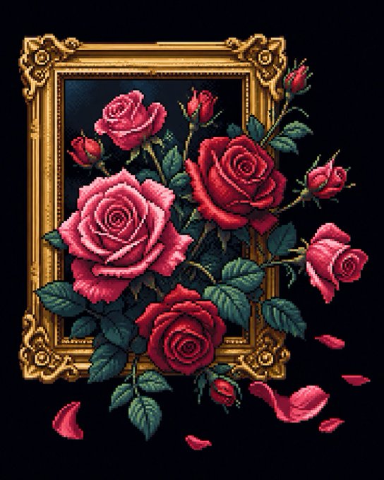 A cross-stitch style artwork featuring red and pink roses with green leaves displayed within an ornate gold picture frame against a black background.