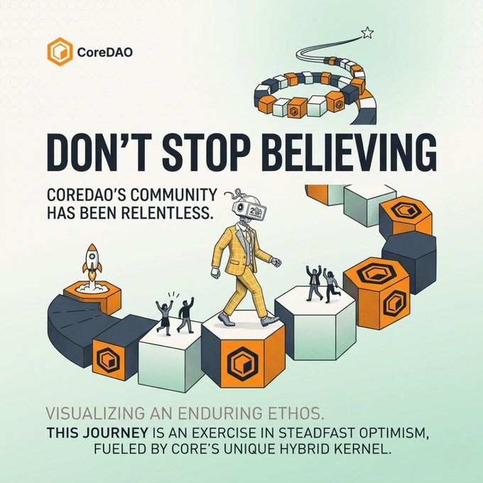 A CoreDAO promotional graphic titled "DON'T STOP BELIEVING" highlights the project's community resilience, featuring a robot in a yellow suit walking across hexagonal blocks with small human figures cheering and a launching rocket, symbolizing progress and optimism toward the project's better days.
