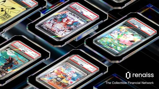 Multiple graded Pokémon cards (including what appears to be Pikachu) displayed in protective slabs alongside the "Renaiss" logo and tagline "The Collectible Financial Network," visually representing how collectible trading cards can be tokenized and traded as RWA (Real World Assets) on blockchain.