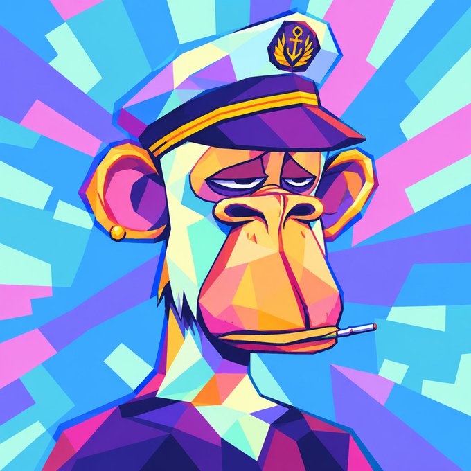 A vibrant, geometric pop-art style illustration of a monkey wearing a naval officer's cap with an anchor emblem, smoking a cigarette against a colorful abstract background.