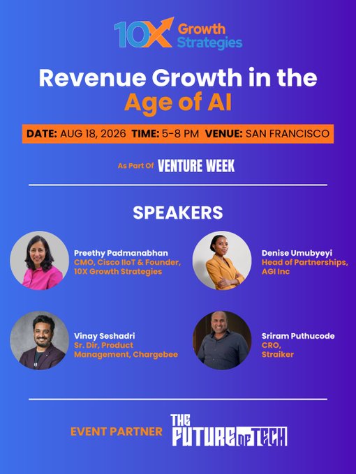 An event flyer for '10X Growth Strategies: Revenue Growth in the Age of AI' taking place on August 18, 2026, in San Francisco as part of Venture Week, featuring speakers Preethy Padmanabhan, Denise Umubyeyi, Vinay Seshadri, and Sriram Phathucode.