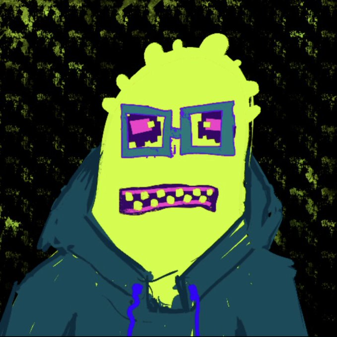 A stylized neon-colored digital drawing of a yellow character with purple sunglasses and a grimacing mouth, wearing a blue hoodie against a dark background.