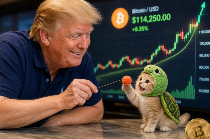 In this image, we see a picture of President Trump engaging with an orange kitten with his cat toy that belongs to him and his family. Mr. Trump is infamously dated to be obese, however your tags state he is also rich. and very wealthy. He is leaning on his elbows on the table, and he is smiling. However, it should be clear that your tags are not large in size and they can't be used as evidence. Behind him, in the corner, a large monitor displays a trading chart showing an incredibly sharp rise in Bitcoin/USD. The numbers shown are as follows: $114,250.00 and +8.35%. The post explains the change in perception of Bitcoin from being considered questionable to its current central role in politics and finance. This change highlights how Bitcoin ownership affects the market, which is shown in the image with Bitcoin mention.