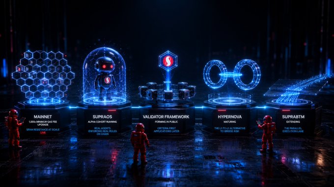 The image features a futuristic scene with five robots standing next to each other, all wearing red suits. The robots are positioned at different angles, creating an interesting composition. In front of these robots, there's a display showcasing five different types of futuristic technology, including a crystal ball and a robot. The background is dark blue, which contrasts with the bright colors of the robots and technology on display. The caption below the image reads "Bullish. Supra delivers instead of just talking - mainnet hardening, real on-chain agents, and a level 1 play without bridge risk".