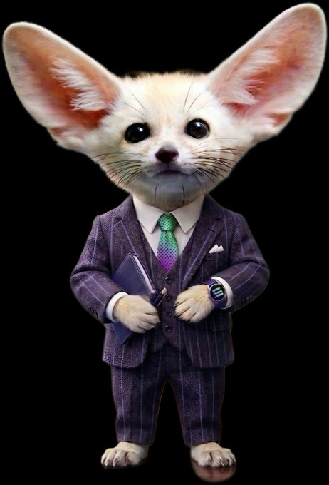 A digitally rendered fennec fox wearing a purple pinstripe suit with a green/purple tie, holding a folder, standing against a black background.