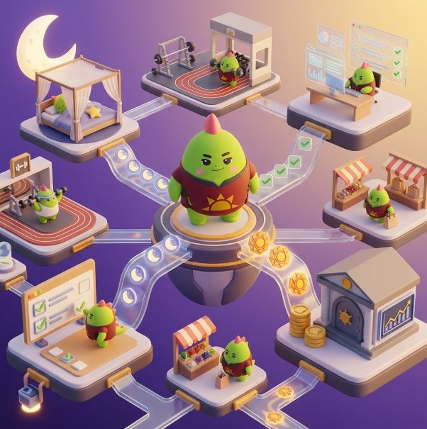 A 3D isometric illustration of a green cartoon character with a red mohawk in the center, connected by pathways to various activity platforms including a bedroom, gym, workshop, office, marketplace, and bank.