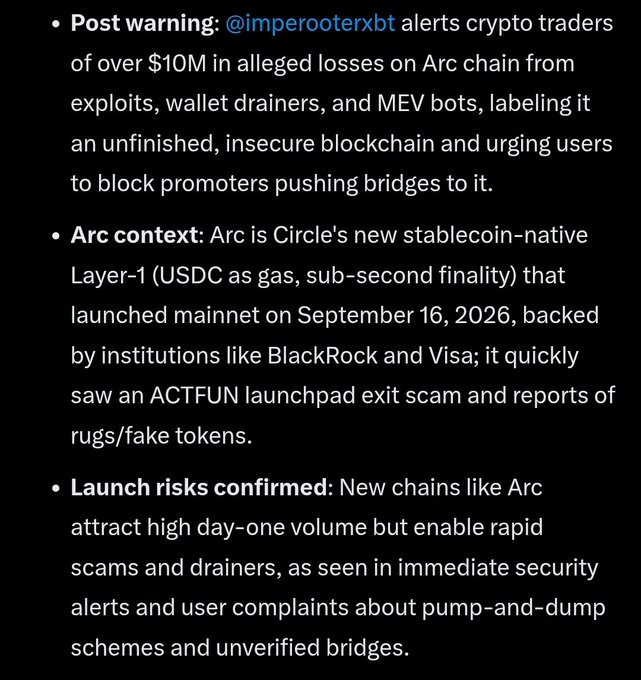 A text post warning about crypto losses over $10M on Circle's Arc chain from exploits, wallet drainers, and MEV bots, noting the chain launched mainnet on September 16, 2026, backed by BlackRock and Visa.