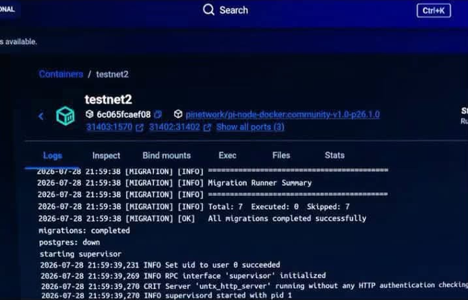 A screenshot of a web interface for managing Docker containers, specifically showing a container named 'testnet2' running an image for 'pinetwork/pi-node-docker' with migration logs displayed.