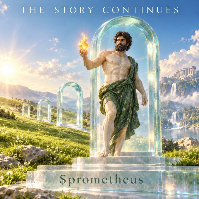 A dramatic illustration depicts a muscular bearded man emerging from a glass portal holding a flame, titled '$prometheus' with text 'THE STORY CONTINUES' at the top.