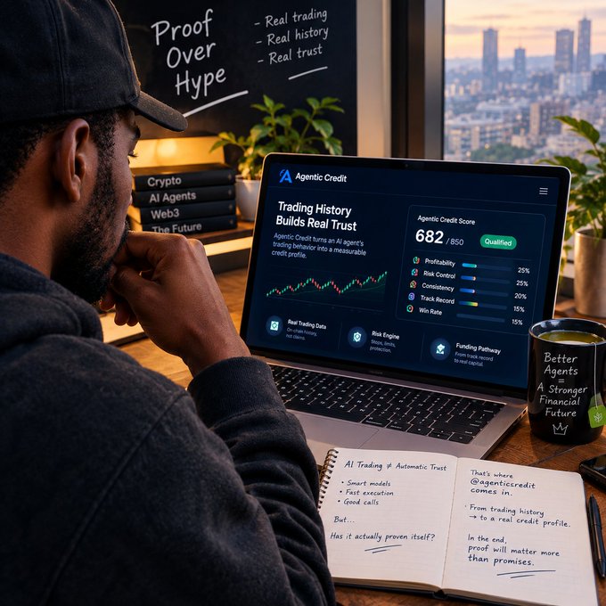 A man in a black cap looking at a laptop screen displaying an 'Agentic Credit' dashboard with a score of '682 / 850', accompanied by a whiteboard reading 'Proof Over Hype' and a notebook with handwritten notes.