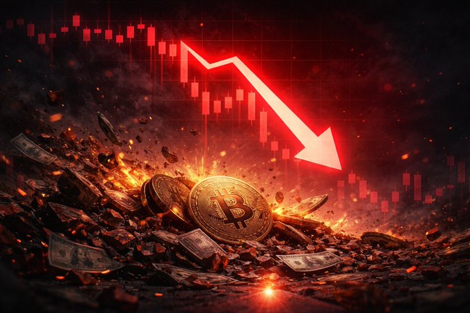 A dramatic digital illustration depicting a Bitcoin crash, featuring a glowing red downward arrow over a candlestick chart, with a physical Bitcoin coin and scattered dollar bills amid flames and rubble.