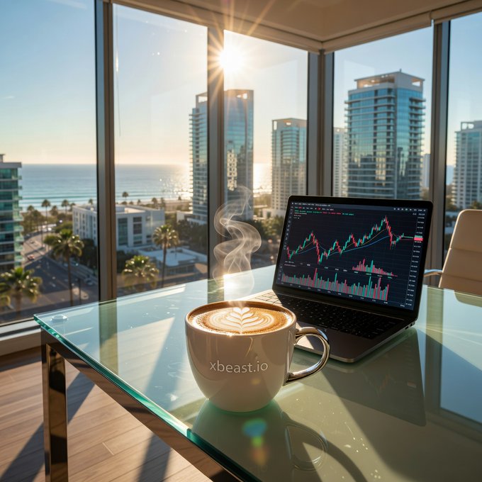 A glass desk holding a latte with foam art (with 'xbeast.io' text on the cup) and a laptop displaying stock charts, overlooking a sunny coastal city with high-rise buildings.