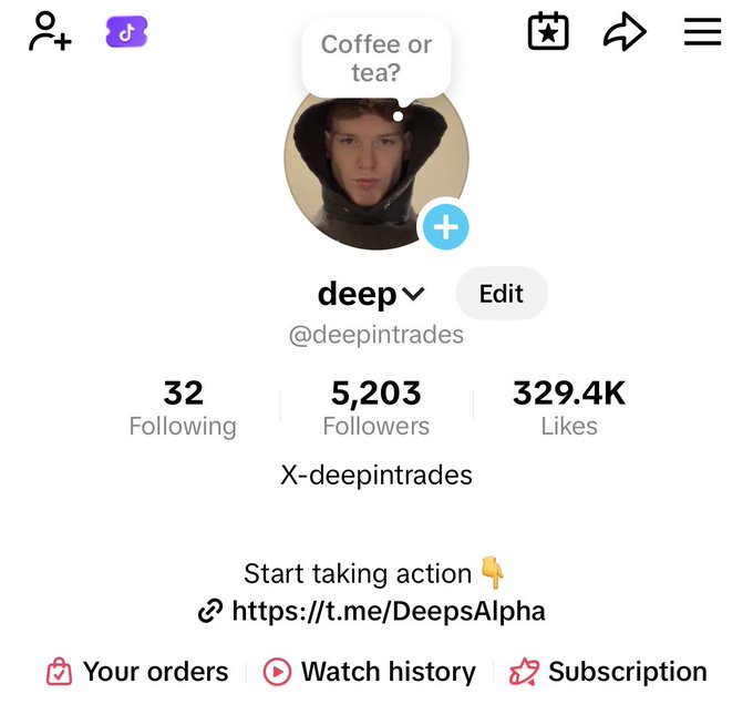 A TikTok profile page for 'deep' (@deepintrades) with 5,203 followers and 329.4K likes, featuring a profile photo of a young man in a wide-brimmed hat and a 'Coffee or tea?' speech bubble.