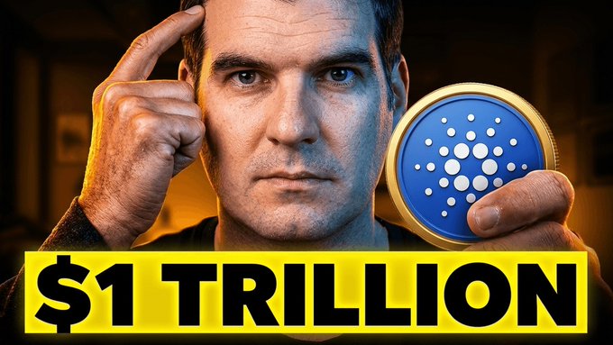 The image is a large, high-resolution photograph of a man holding a coin worth $1,000,000,000. The caption below the photo reads "Cardano is capturing a $1,000,000,000 market youtu.be/pb9tSXPFbBM". This indicates that the person in the image is associated with Cardano and that he has just released or captured an event related to the cryptocurrency company's value reaching such a large scale.