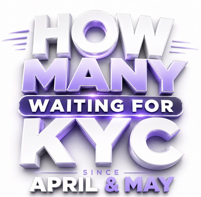 The image displays the text "HOW MANY WAITING FOR KYC SINCE APRIL & MAY" in bold, stylized white and purple 3D lettering, highlighting the user query about pending KYC verifications. The graphic emphasizes the call to action for affected users to comment on their unresolved verification and migration issues with Interlink Labs' $vITLG to $ITL token swap.