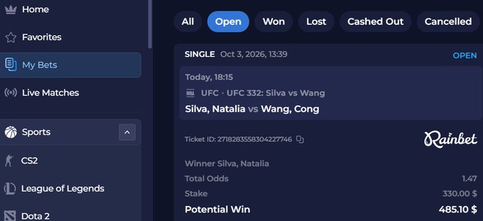 Screenshot of a Rainbet betting interface showing an open single bet on UFC 332: Silva vs Wang, dated Oct 3, 2026, with a stake of $330.00 and a potential win of $485.10.