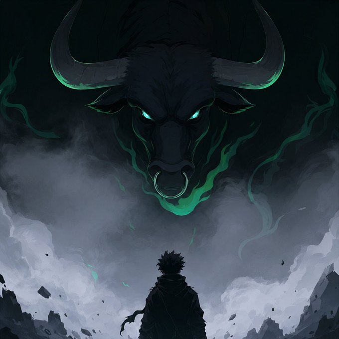 A lone figure stands facing a massive, ethereal black bull with glowing green eyes and a nose ring emerging from swirling mist, visually embodying the "Ansem: The Black Bull" NFT collection referenced in the post ahead of its Mint launch on OpenSea. The imposing, otherworldly creature reflects the bullish hype and dark aesthetic associated with Ansem's crypto project.