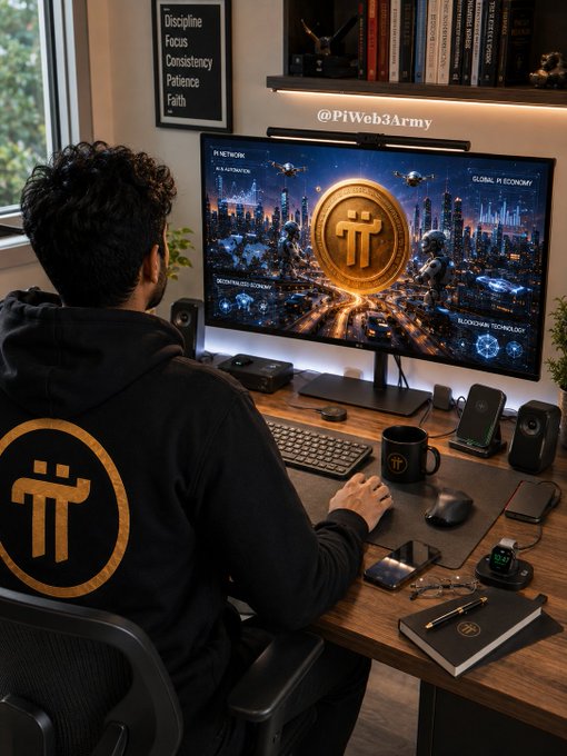 A person wearing a black hoodie with a gold Pi Network logo sits at a desk, working on a computer displaying Pi cryptocurrency graphics. A framed sign reads 'Discipline Focus Consistency Patience Faith.' The image is watermarked '@PiWeb3Army.'
