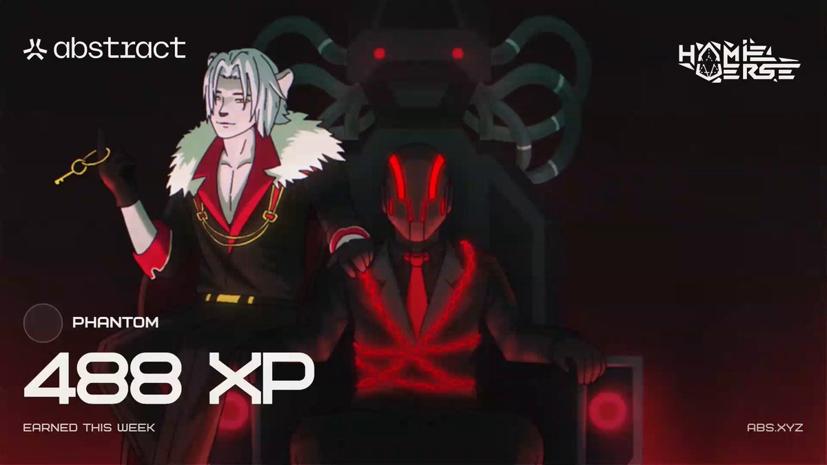 The image features two characters, one wearing a black suit and the other dressed in red, standing next to each other with their arms around each other's shoulders. They are positioned against a dark background that includes a robot and a spider. The text on the image reads "It'S Tuesday!!! Time to show my @AbstractChain XP card with a small number to start, one day it'll turn to 6 figures @hamieverse.com". This suggests that the characters in the image are part of an XP trading card game or event, and they are promoting their game by showcasing their characters against a visually appealing backdrop.