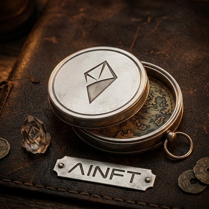 A close-up of an antique silver compass with an Ethereum logo on its lid, resting on a leather surface alongside a crystal, old coins, and a metal plate reading 'AINFT'.