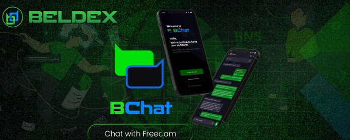 A promotional banner for the BChat app by Beldex features phones displaying the chat interface and a green background with people.