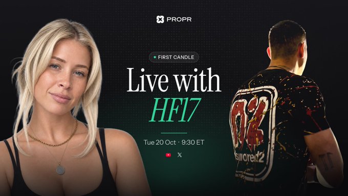 A promotional graphic for a 'Live with HFI7' event hosted by PROPR on Tuesday, October 20 at 9:30 ET, featuring a blonde woman on the left and a man in a black and red shirt on the right.