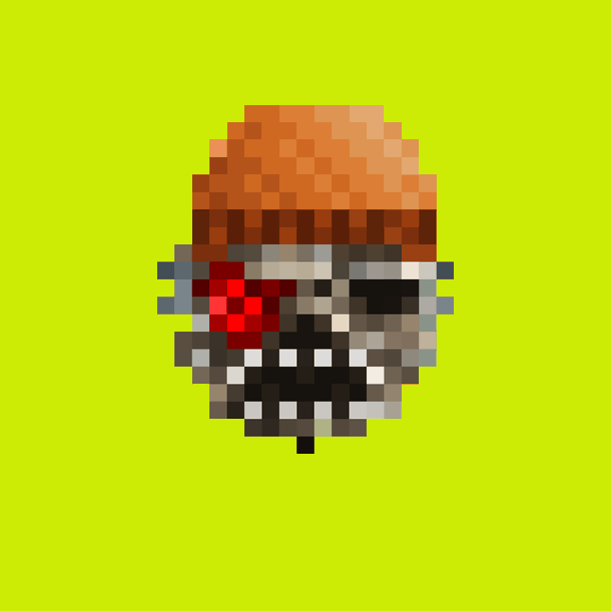 A pixel art image of a face with a red eye and mouth against a bright yellow-green background.