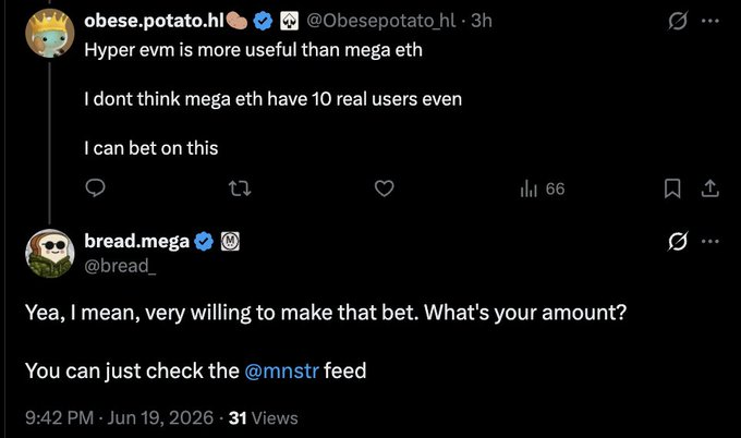 The image features two Twitter posts, one of which is about bread. The other post is related to Bitcoin and MegaETH, discussing the idea that the MegaETH Terminal has more than 11 users. One of the posts even suggests a bet on whether or not the terminal has more than 11 users. The posts are in black text against a white background, making them stand out prominently.