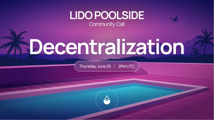 The image shows a poolside event advertisement with a large graphic design featuring a pool, palm trees, and mountains under a purple sky. The background of the ad displays the text "Lido Poolside" at the top and "Community Call" below. A social media website named "luna.com/pmb473ba" is also present in the image, along with an event date and time, which reads "Saturday June 25th 2pm UTCC". The main focus of the ad is on the poolside community call that is happening on this Saturday at 2 pm.