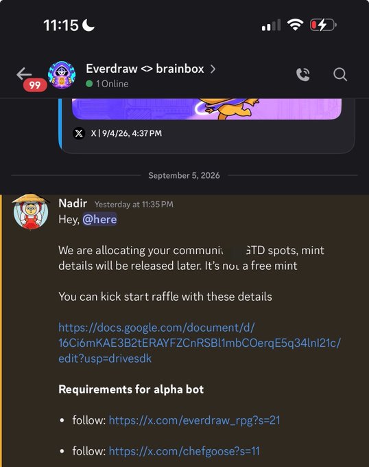A screenshot of a Discord chat in the 'Everdraw ◁ brainbox' channel showing a message from 'Nadir' about allocating community spots and raffle requirements, with links to follow X/Twitter accounts.