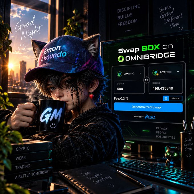 A digital illustration of a character with cat ears wearing an 'Emon Akoundo' cap, holding a 'GM' mug, next to a crypto swap interface showing 'Swap BDX on OMNIBRIDGE' with BDX(BDX) and BDX(BSC) tokens, including crypto-themed books labeled 'CRYPTO', 'WEB3', and 'TRADING'.