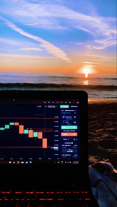 A laptop displaying a trading chart with candlesticks sits on a sandy beach, showing a scenic sunset over the ocean in the background.