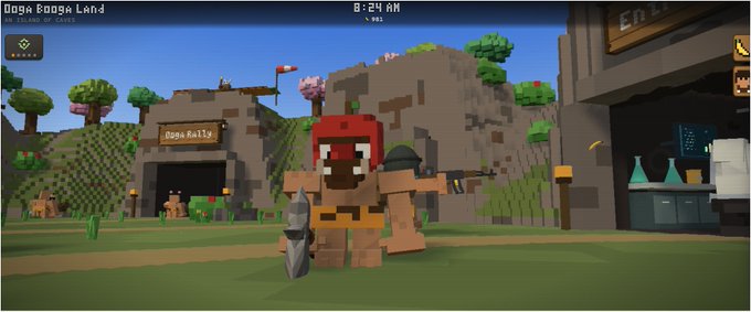 A screenshot from a voxel-based video game shows a blocky red-haired character in front of an 'Abga Daily' shop in 'Abga Boga Land' with the time displayed as 8:24 AM.
