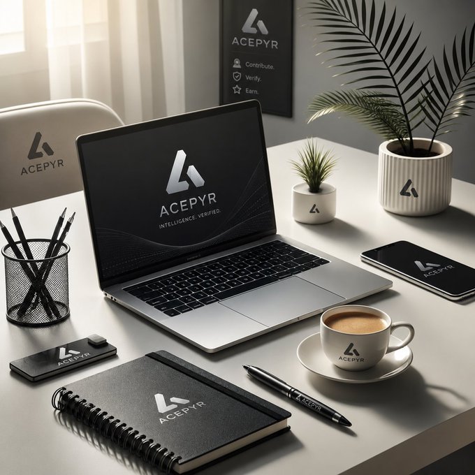 A branded workspace featuring a laptop, notebook, pen, coffee cup, phone, and plant—all displaying the "ACEPYR" logo and "Intelligence. Verified." tagline—reflects the post's message of steady, focused development behind Acepyr V2. The minimalist, professional setup visually reinforces the brand's commitment to consistent building over short-term hype.
